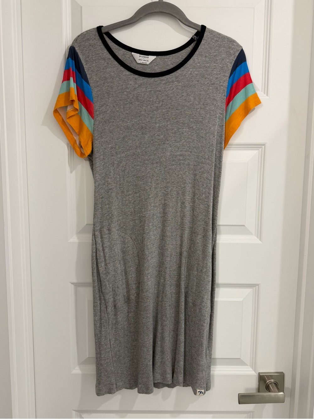 Splendid x Gray Malin Women's Gray Knit Tee Dress with Colorblock Stripe Sleeves